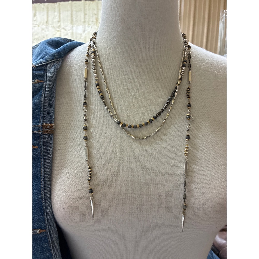 Mixed Metal Beaded Lariat Necklace Silver Gold Tone Boho Multi Strand Spike 48in